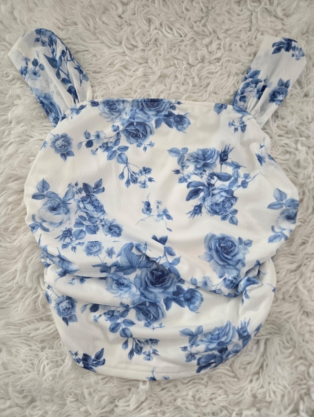 Shein Mod Romantic Blue & White Floral Square Neck Ruched Top Size Large.